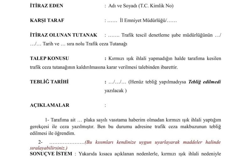 Kırmızı Işıkta Geçme Cezası İtiraz, Dilekçe Örneği, İtiraz Nereye Yapılır?